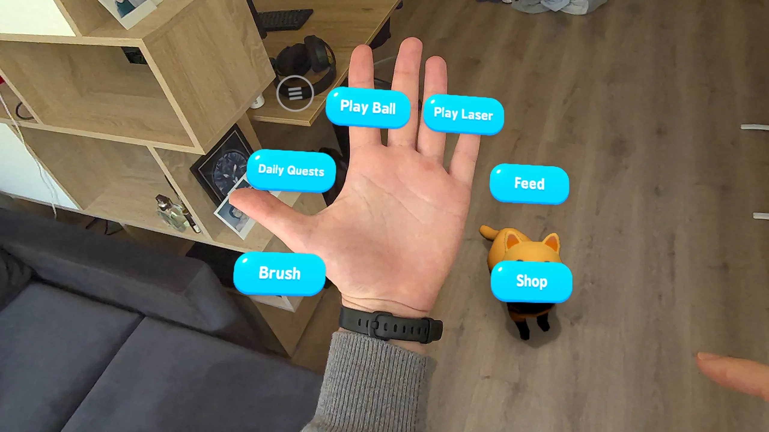 Hand-controlled activity menu floating above the player's palm