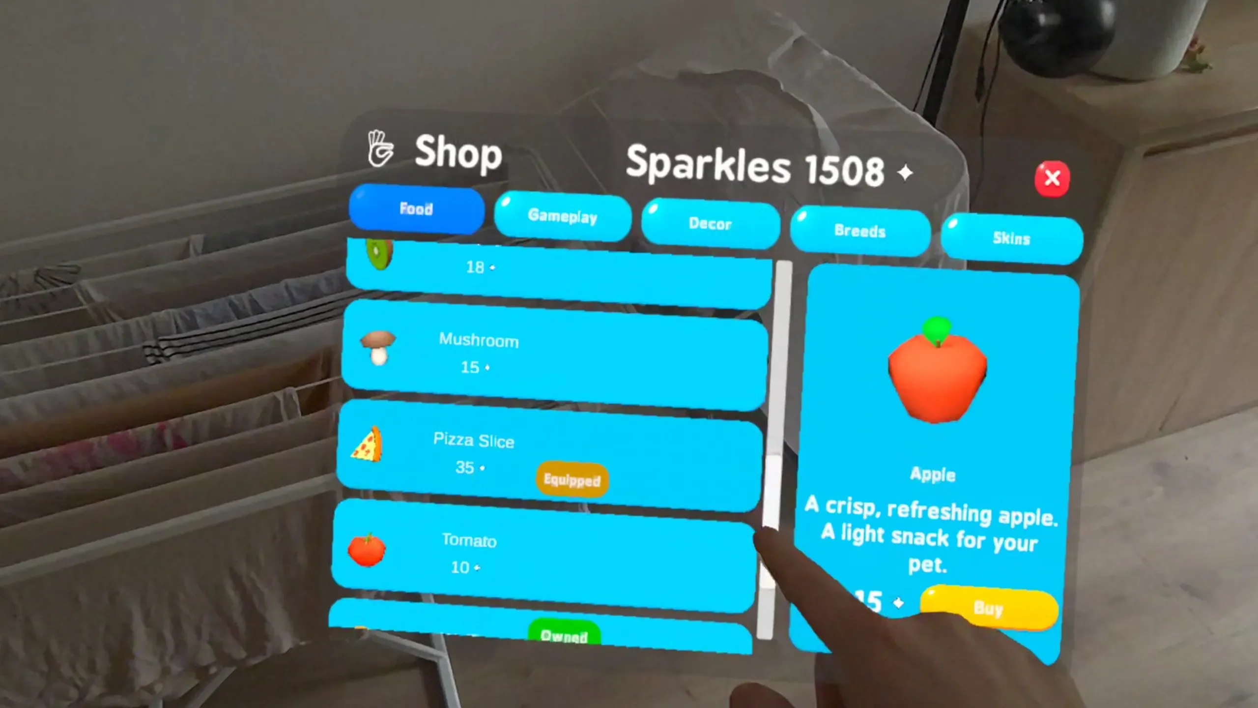 MyVrPet shop showing food, decor, breed, and skin categories controlled by hand