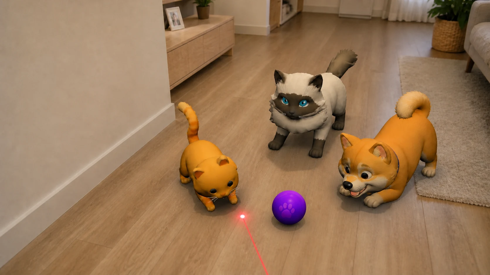 Tobby, Maya standing on four legs, and a Shiba Inu gathered around a ball as a laser points toward them from the player's viewpoint