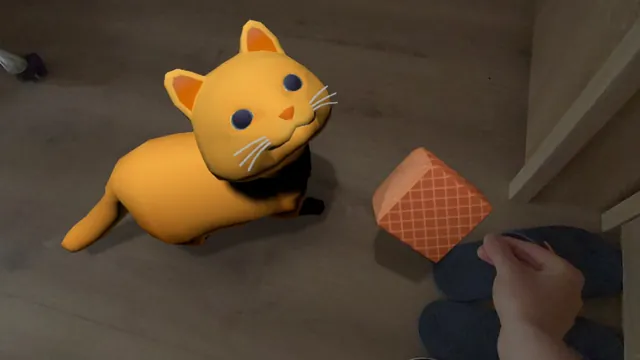 Feeding the cat a waffle by hand in a real room
