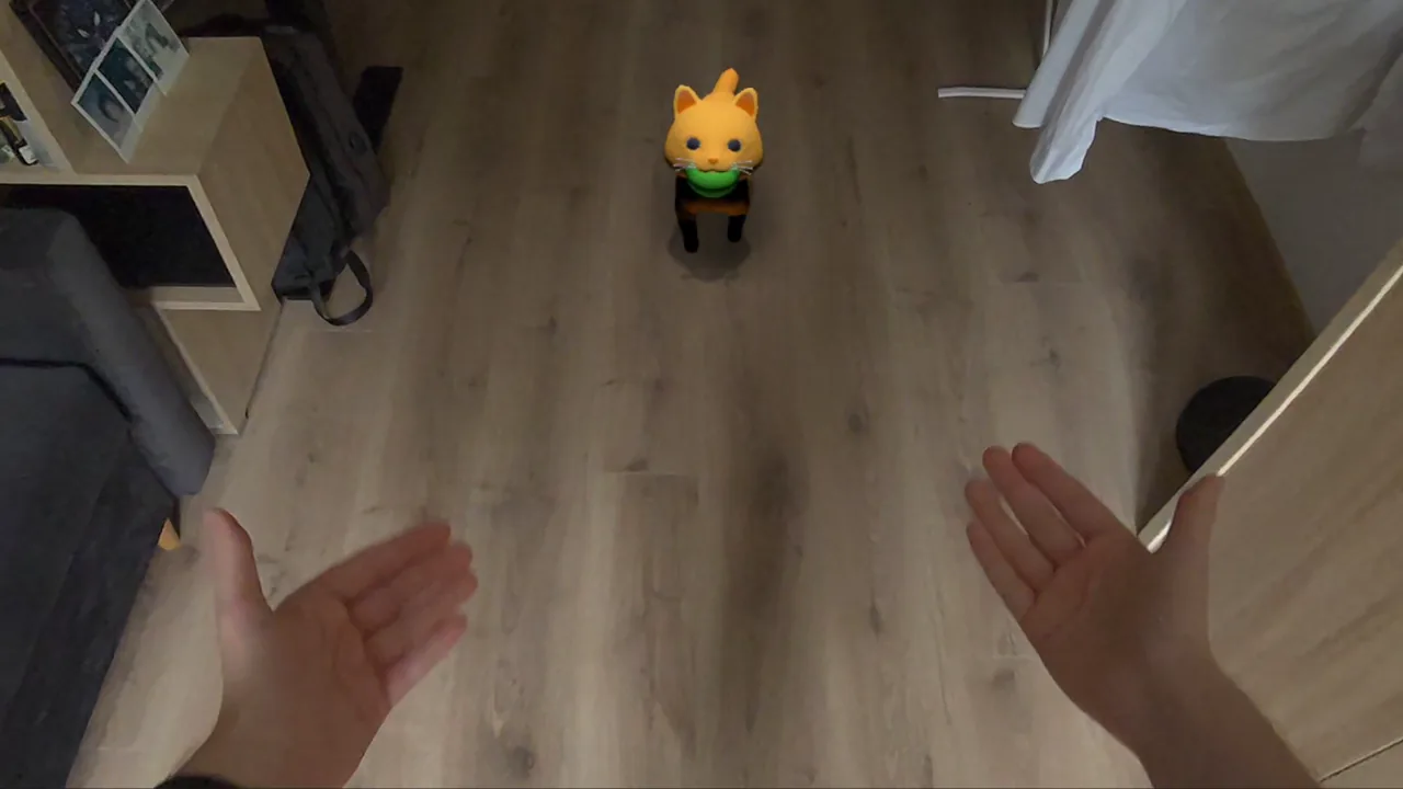 The cat trots back across the room after fetching