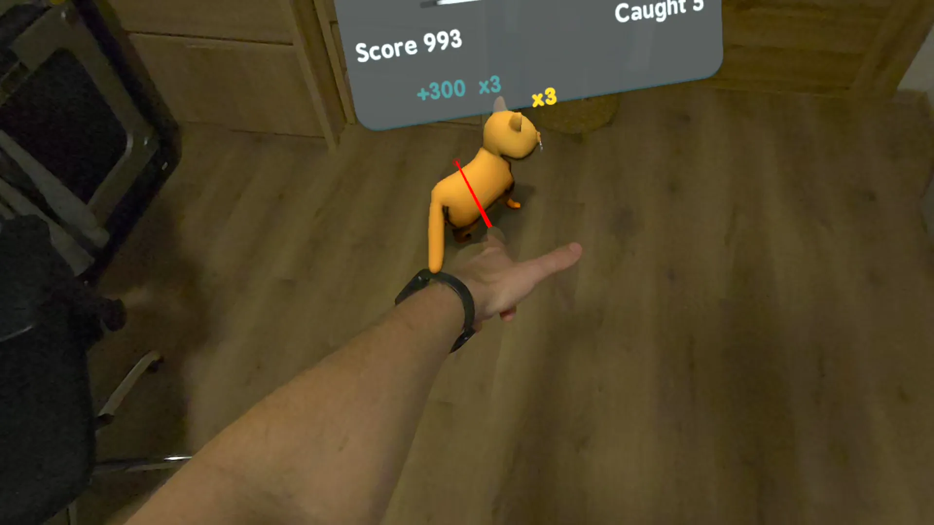 An orange tabby cat catching a critter next to the player's outstretched hand, with +300 and x3 combo floating above the score panel