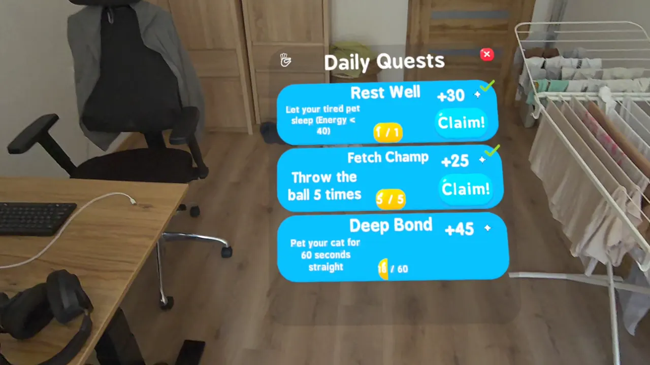 Daily quests panel floating in a real room