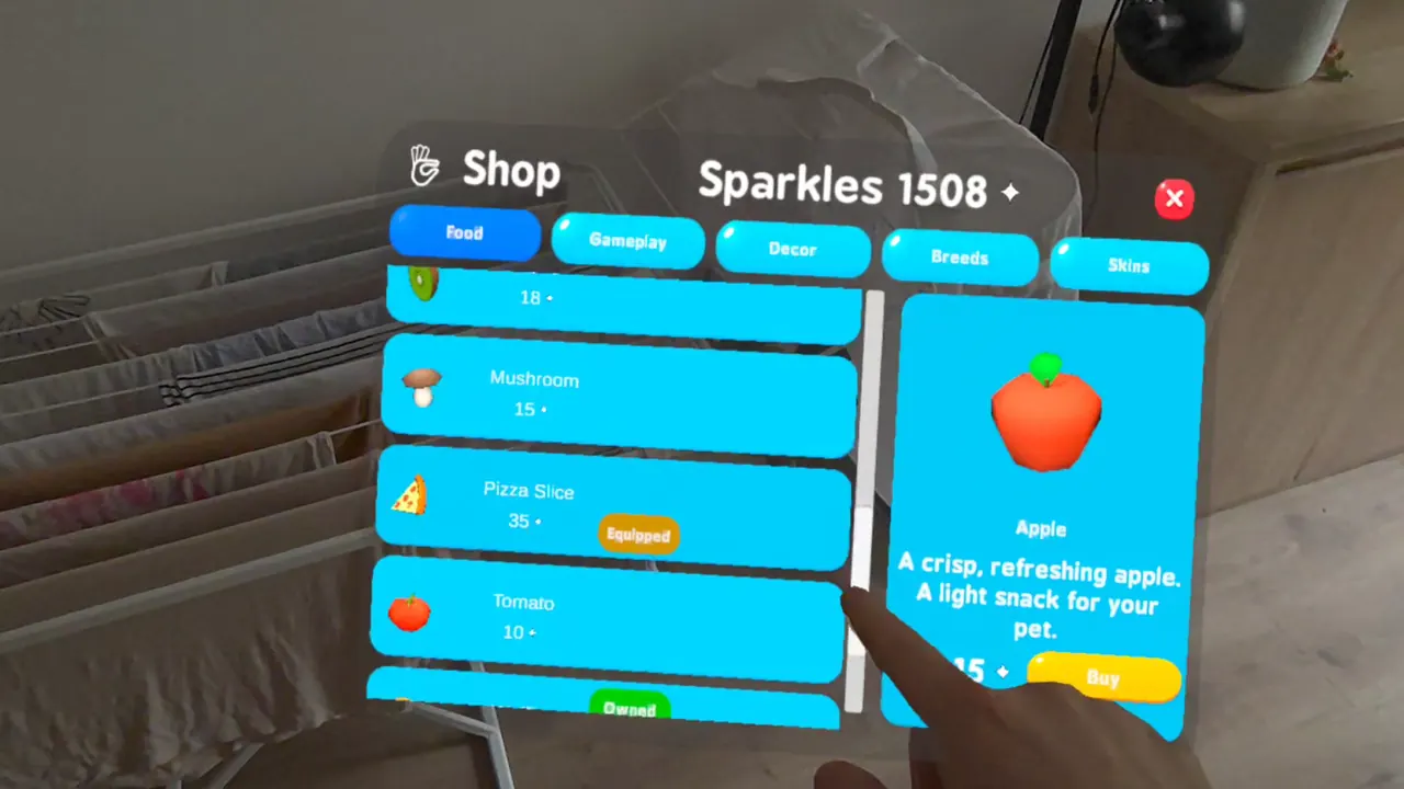 The in-game shop with food, gameplay items, decor, breeds and skins tabs